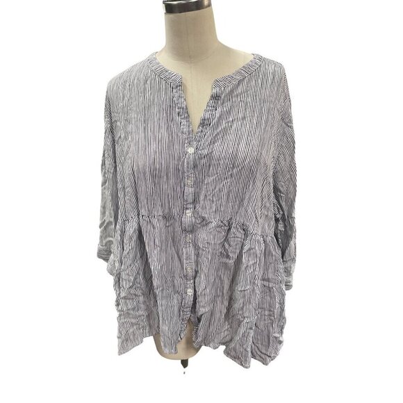 Cynthia Rowley Stripe 3/4 Sleeve Button-Front Blouse Top 2X Rayon Black & White - Picture 1 of 5